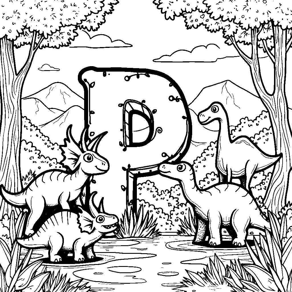 The letter P surrounded by friendly dinosaurs in a prehistoric scene