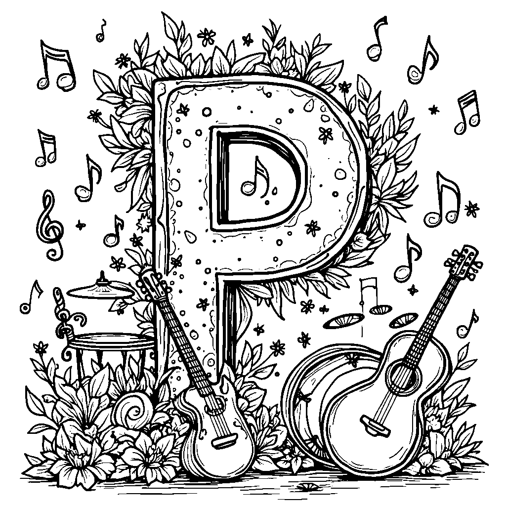 The letter P surrounded by musical notes and instruments in a concert