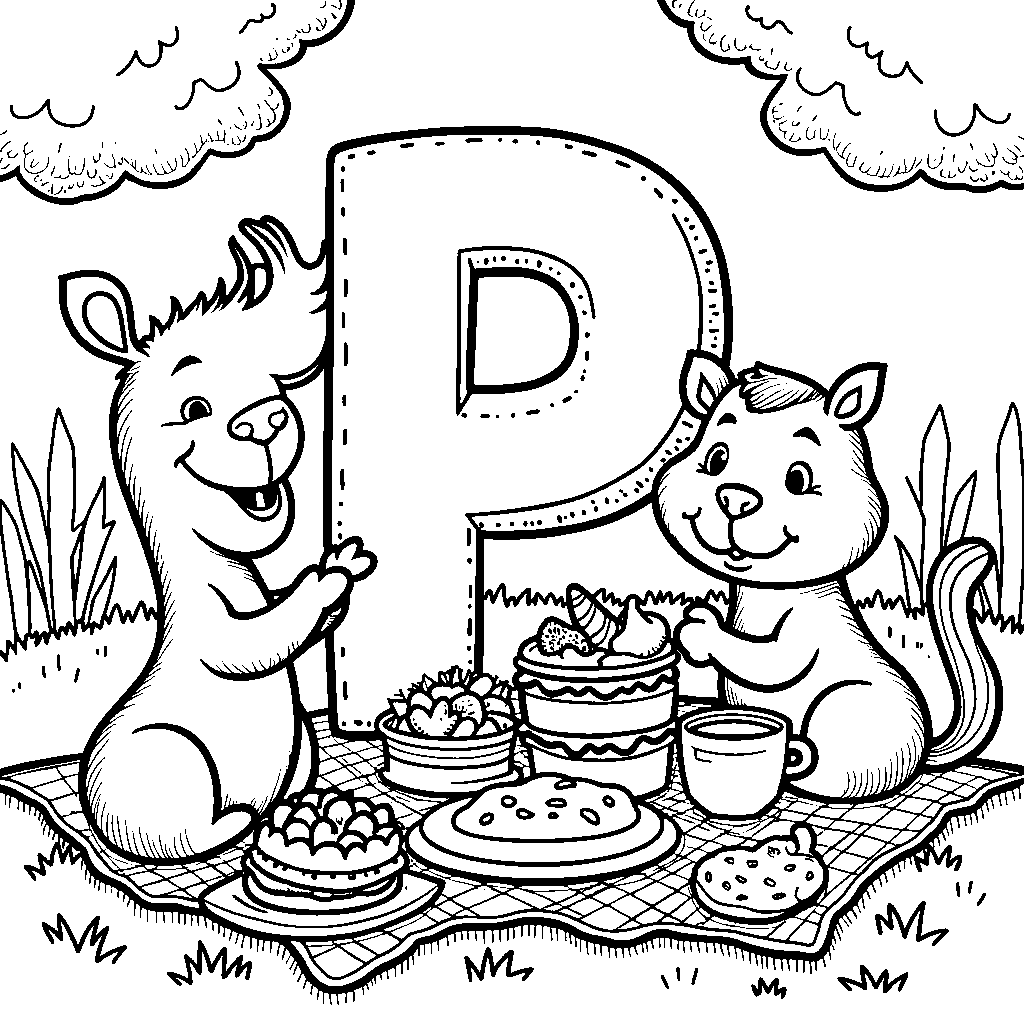 The letter P taking a photo with cartoon animals at a picnic