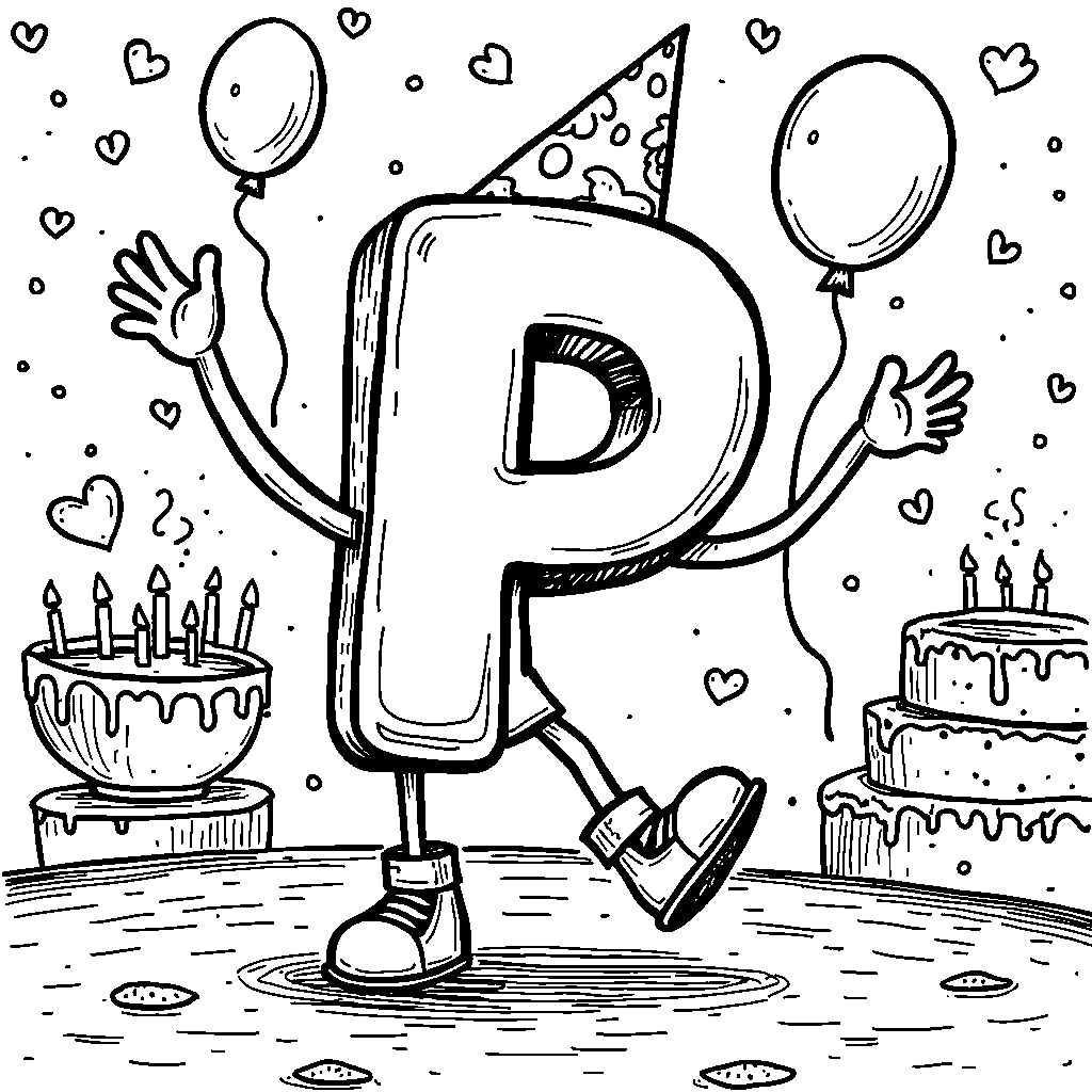 The letter P with arms and legs, dancing at a party