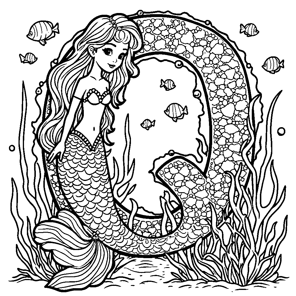 A letter Q designed with an underwater scene featuring mermaids