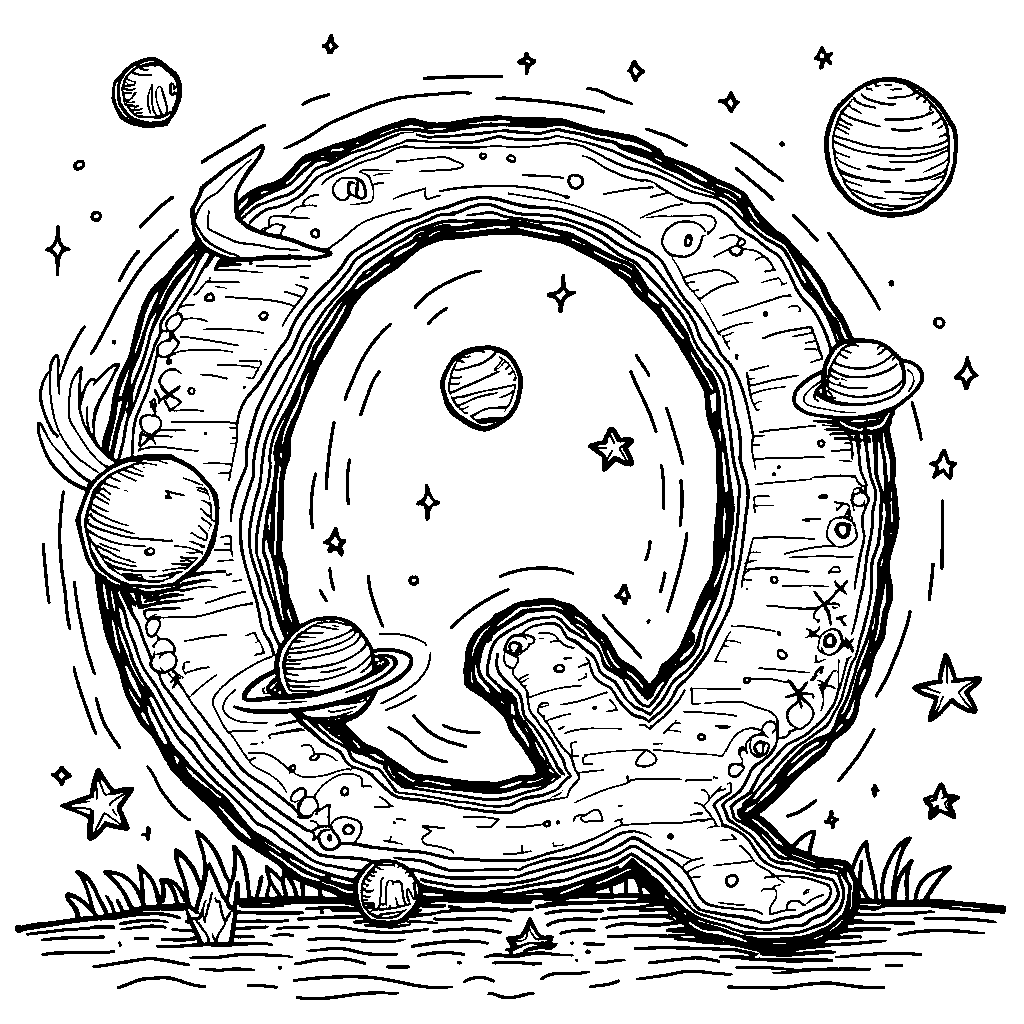 A letter Q designed with fun artwork of the solar system