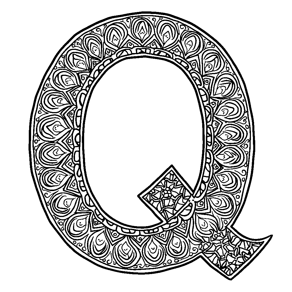 A letter Q filled with bright, colorful patterns inspired by cultures