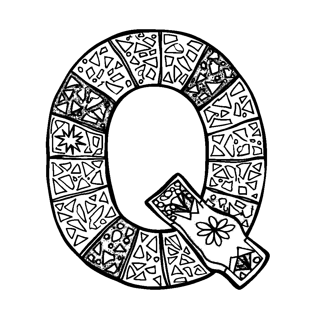 A letter Q filled with colorful geometric patterns