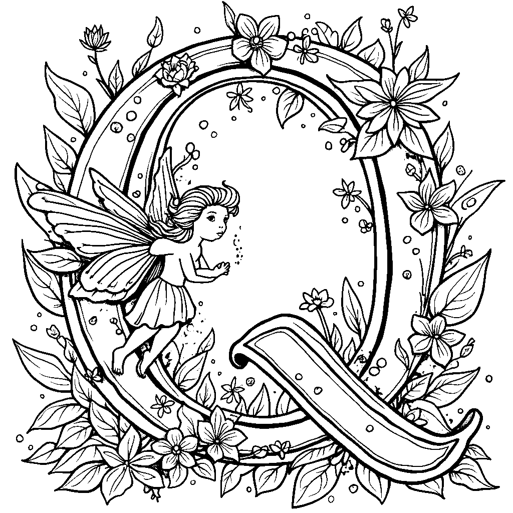 A letter Q filled with playful fairies and magical flowers