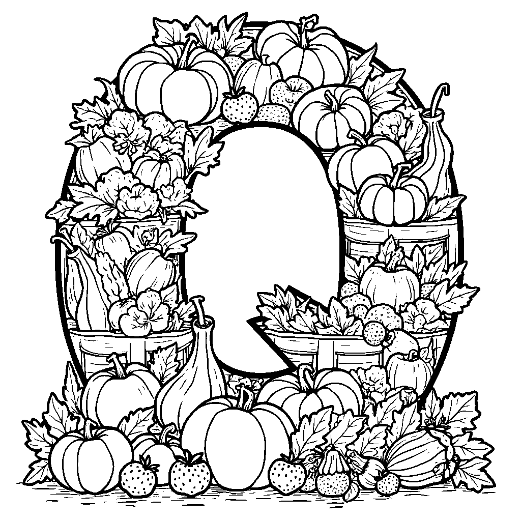 A letter Q made of seasonal fruits and veggies for a farmer's market