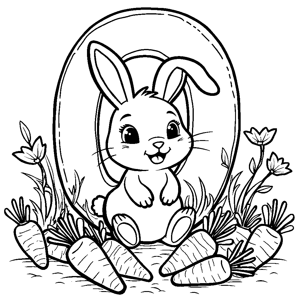 A letter Q showing a cute rabbit in a garden full of carrots