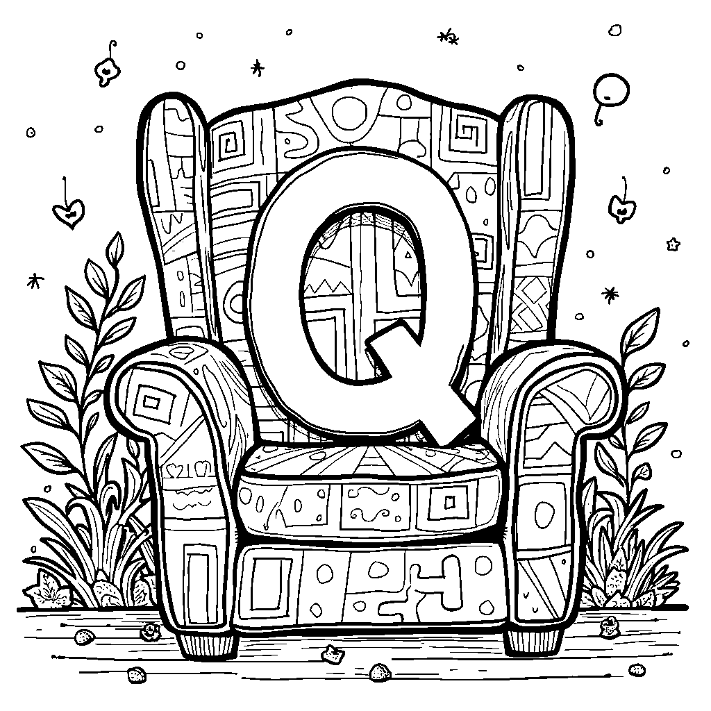 A letter Q sitting in a cozy quilted armchair