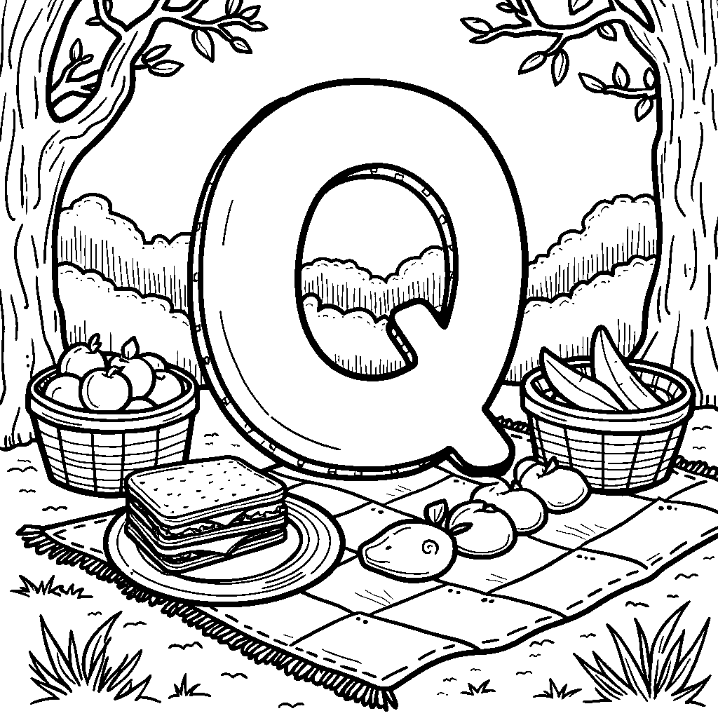 A letter Q surrounded by a picnic scene with blankets and food