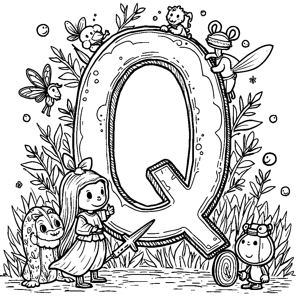 A letter Q surrounded by dancing characters from storybooks