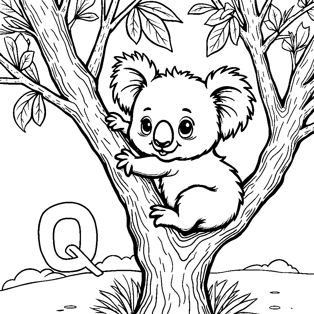 A letter Q with a cute koala hanging out on an Eucalyptus tree