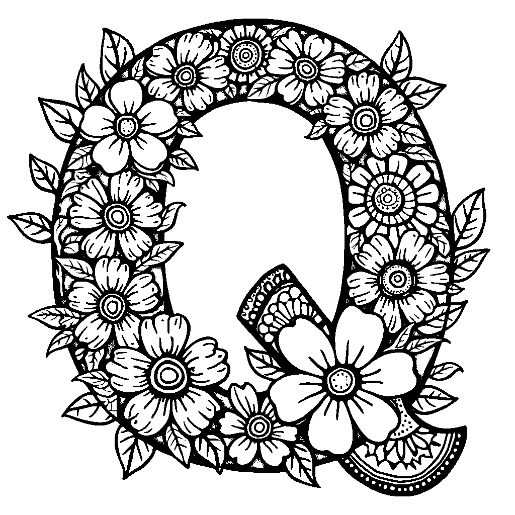 A quirky letter Q decorated with colorful flowers