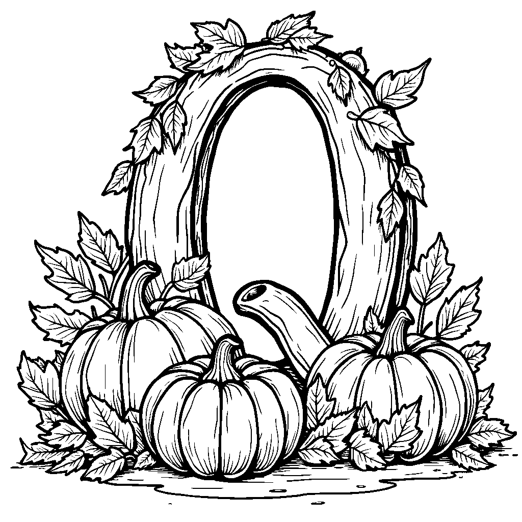 A letter Q surrounded by vibrant autumn leaves and pumpkins