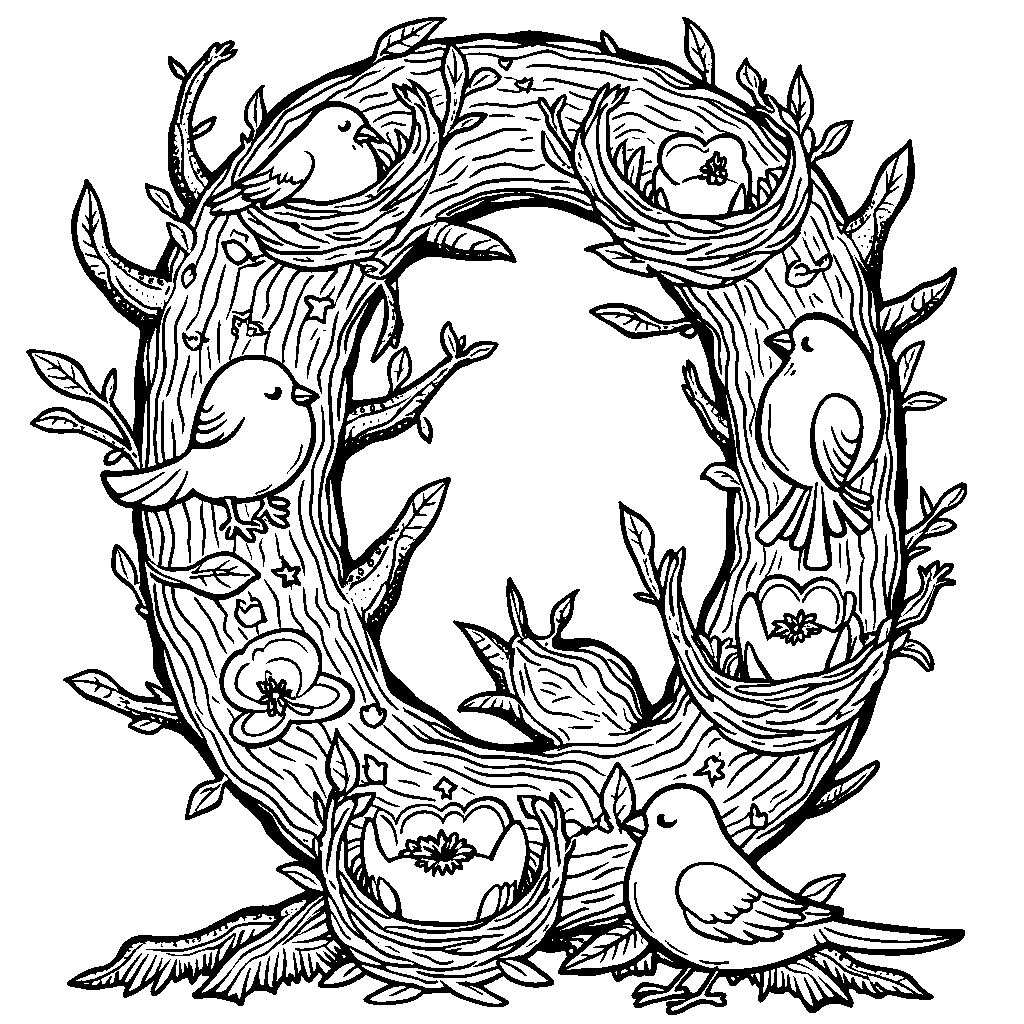 A letter Q integrated with a tree full of birds and nests