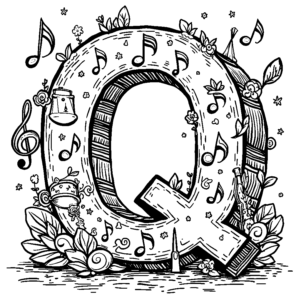 The letter Q combined with playful musical notes and instruments