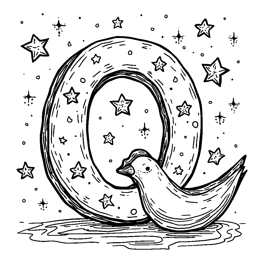 The letter Q decorated with sparkly stars and a crescent moon