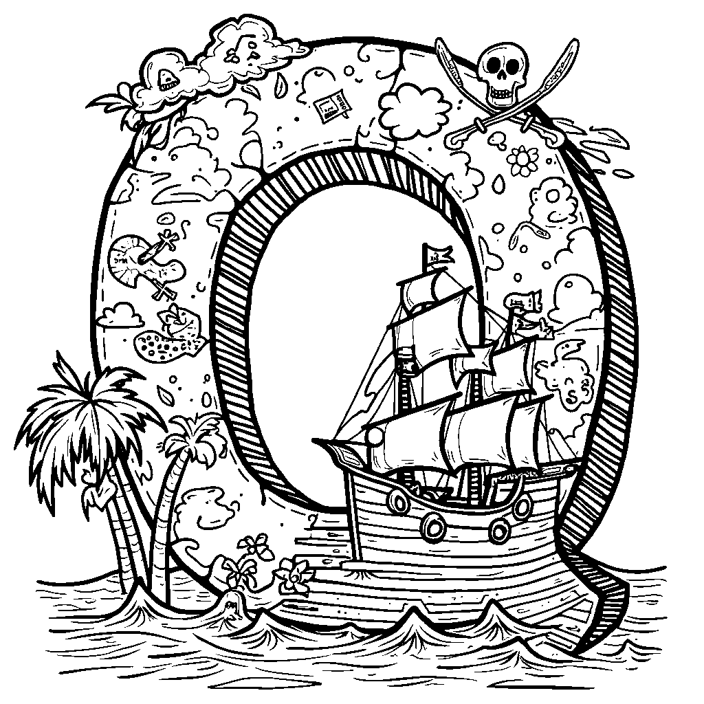 The letter Q filled with pirate themes, like a ship and treasure map