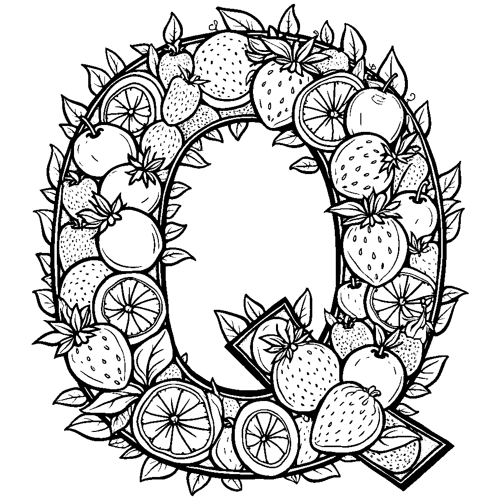 The letter Q filled with vibrant fruit patterns, like strawberries and oranges