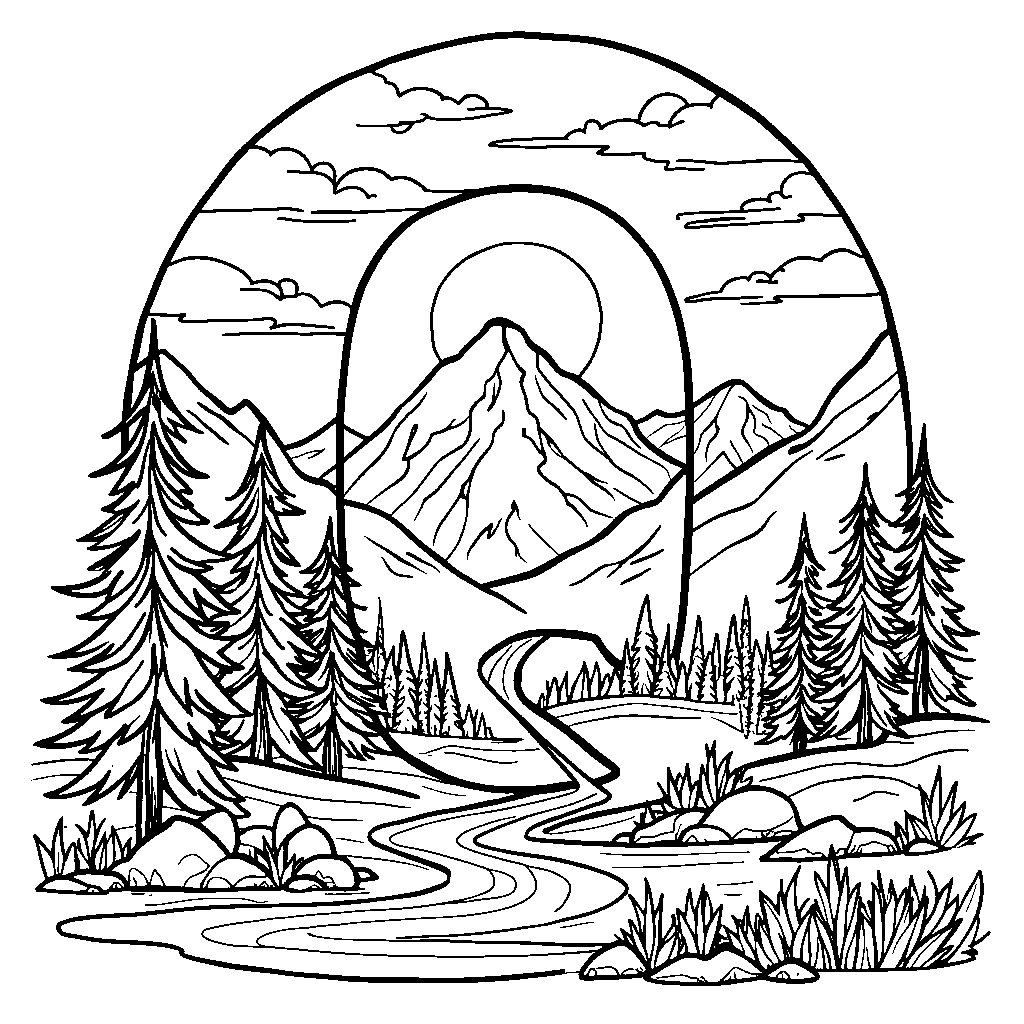 The letter Q illustrated as a scenic mountain landscape with a sunset