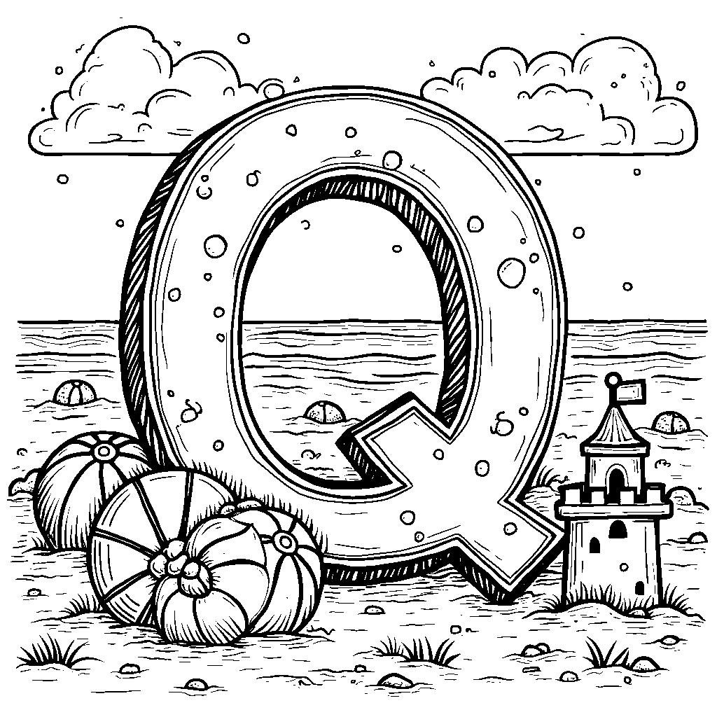 The letter Q surrounded by colorful beach balls and sandcastles