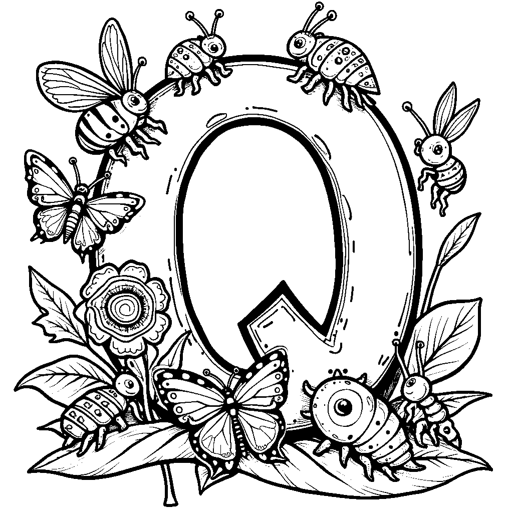 The letter Q surrounded by friendly bugs and insects