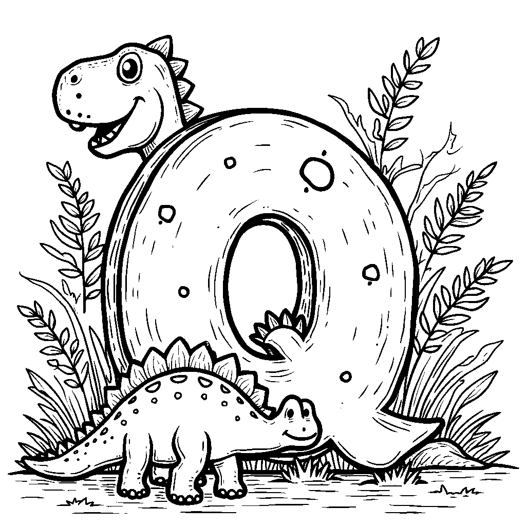 The letter Q surrounded by fun, cartoon dinosaurs