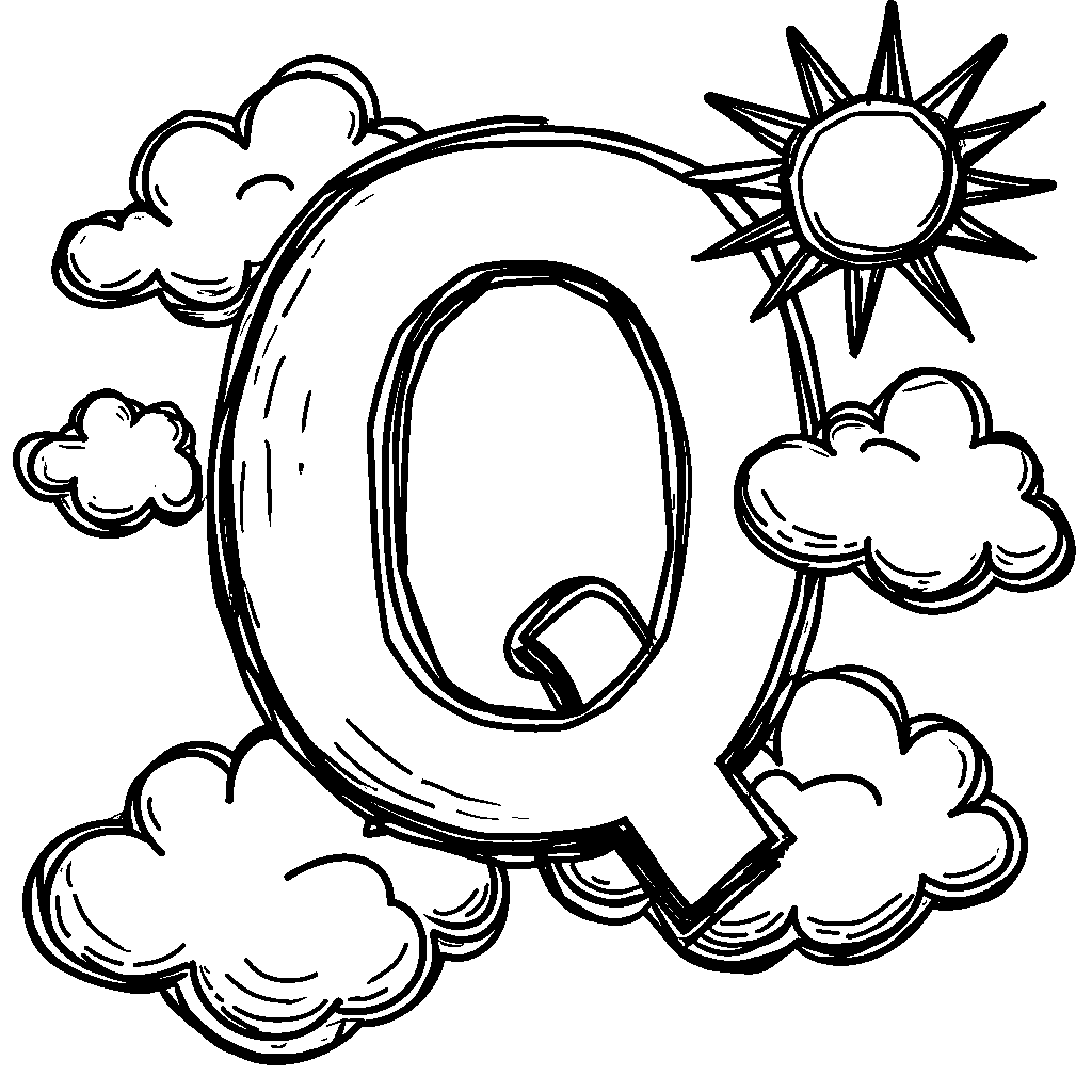 The letter Q surrounded by whimsical clouds and a bright sun