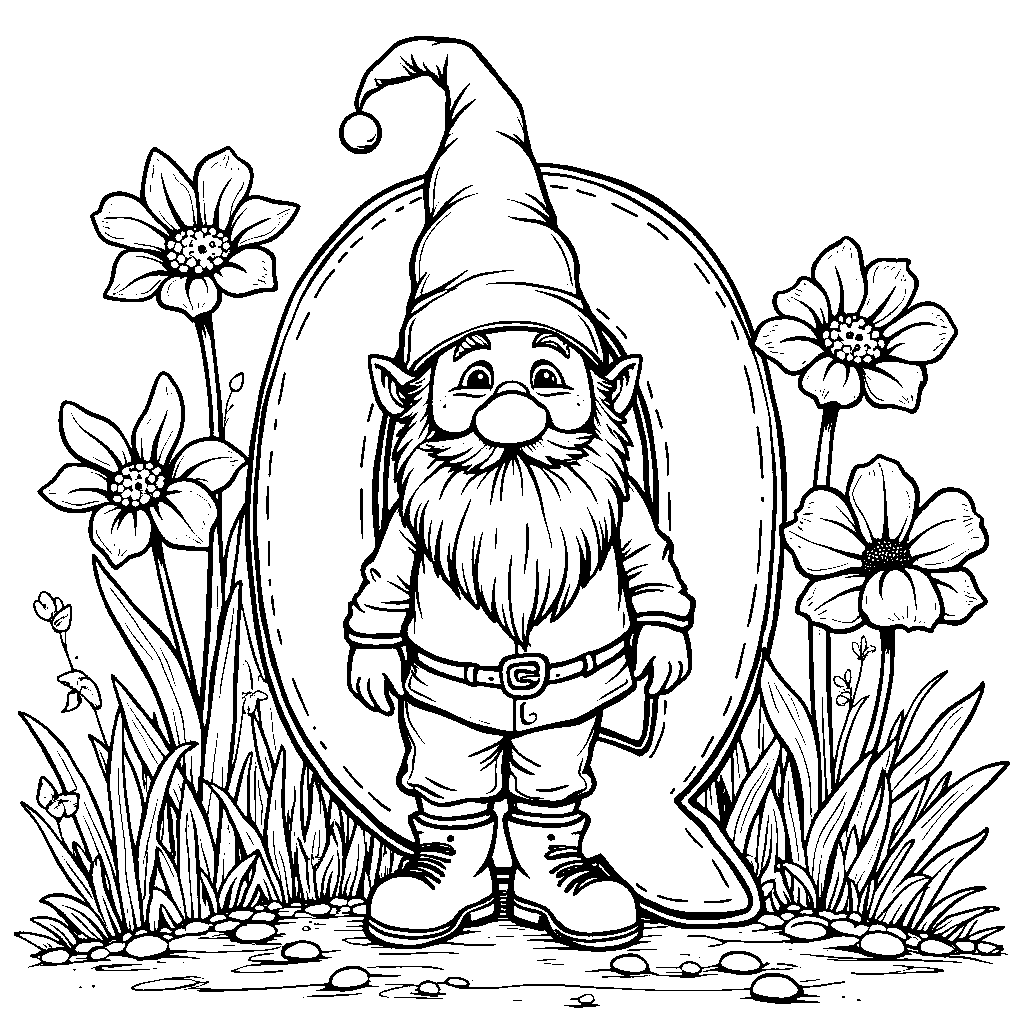 The letter Q transformed into a whimsical garden gnome