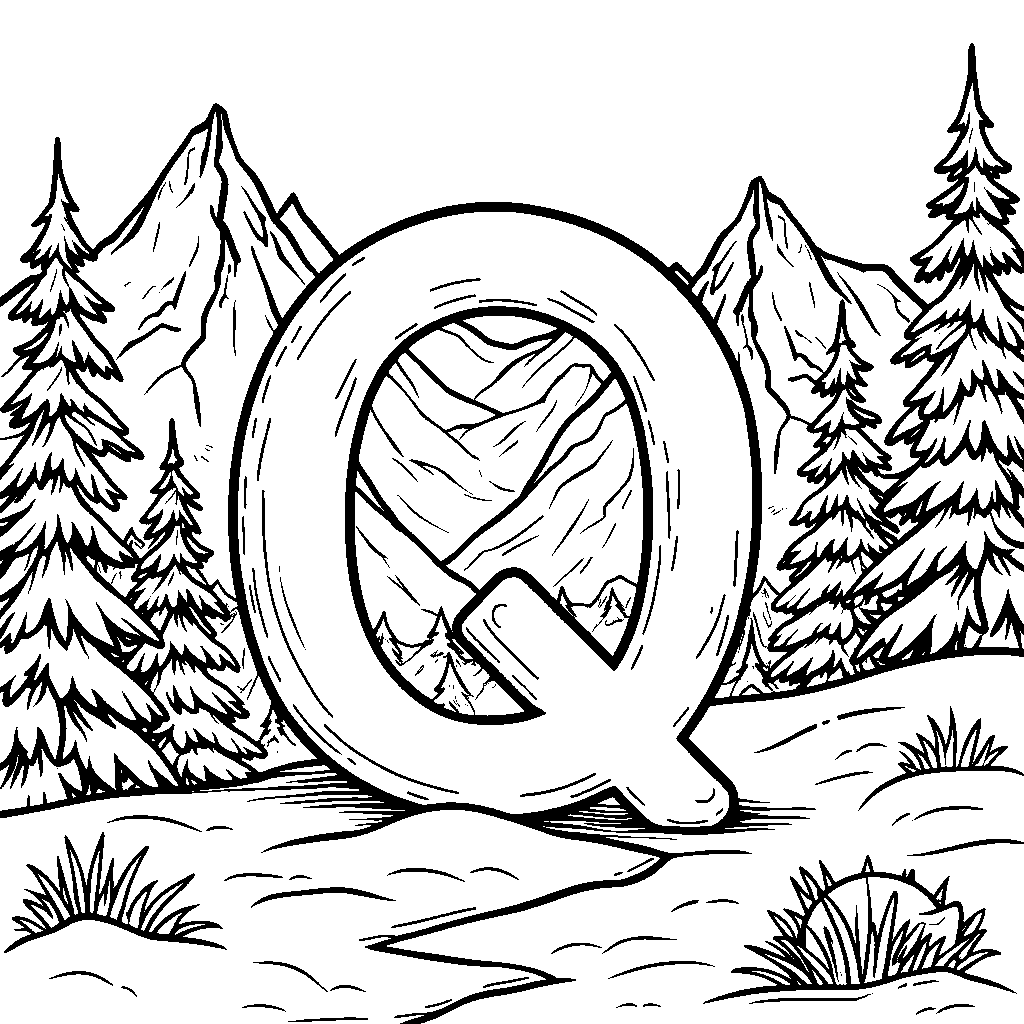 The letter Q with a snowy mountain landscape in the background