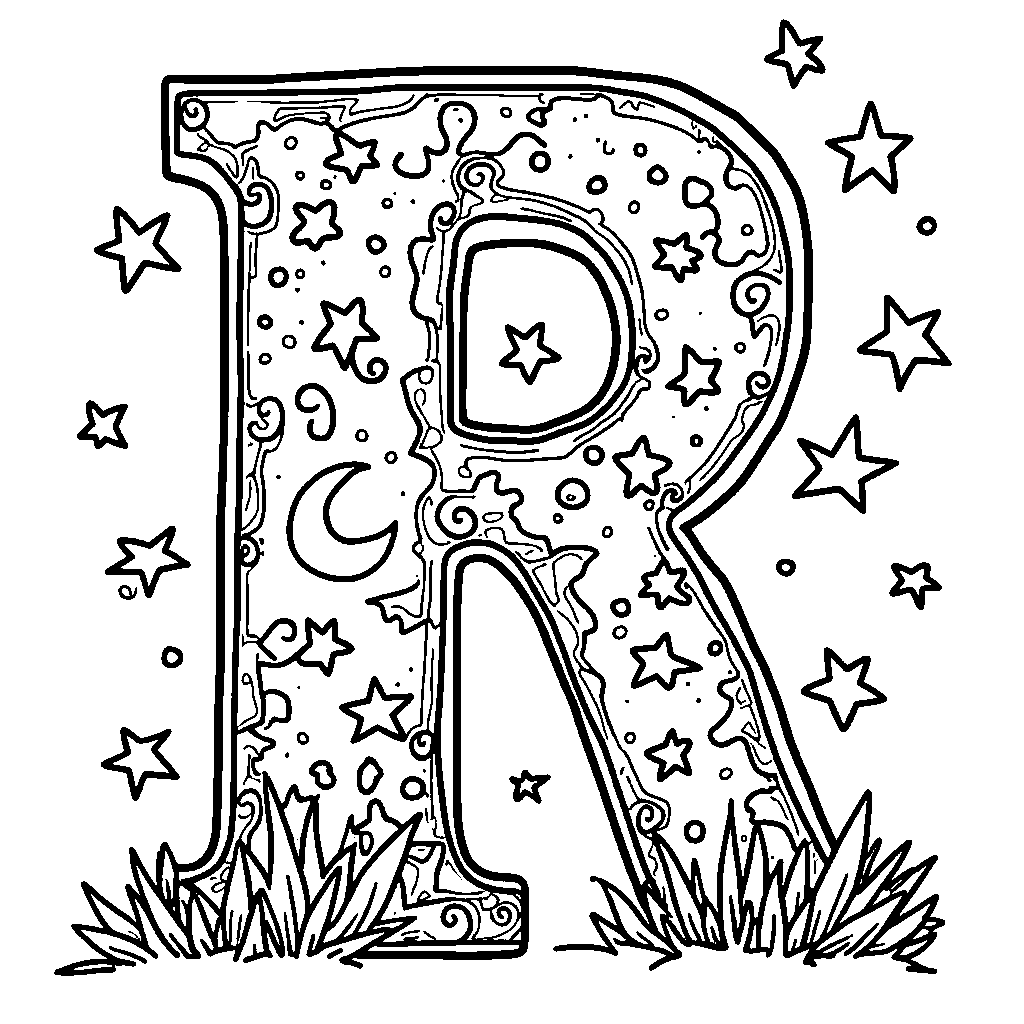 A giant letter R decorated with colorful stars and moons.