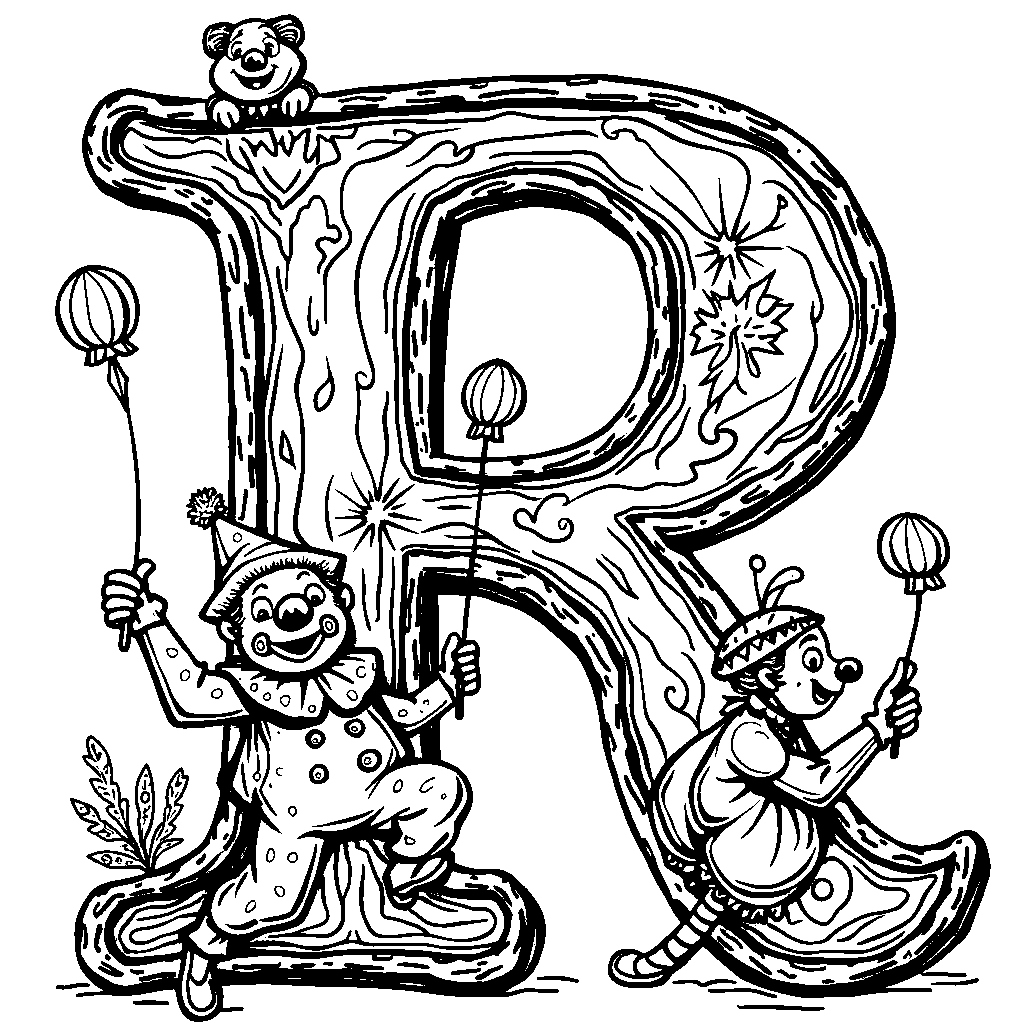 A letter R adorned with circus elements like clowns and acrobats.