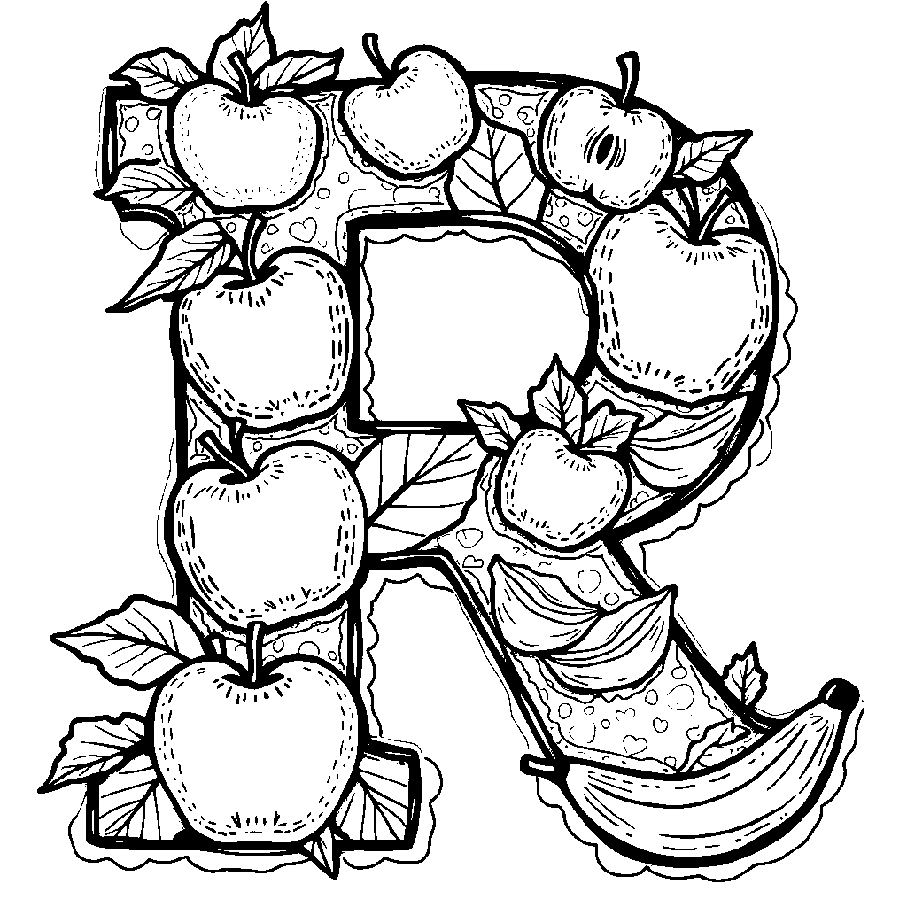 A letter R decorated with fruits like apples and bananas