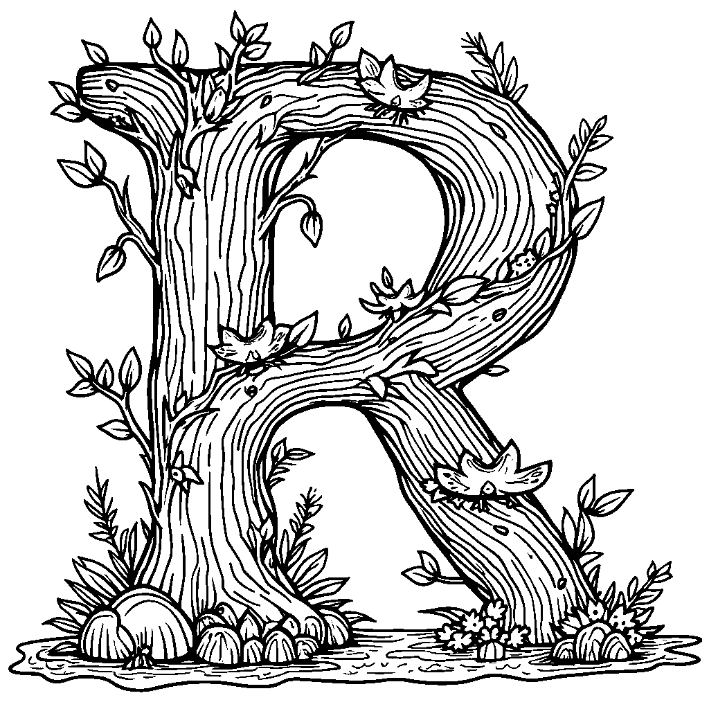 A letter R decorated with nature elements like trees and rivers