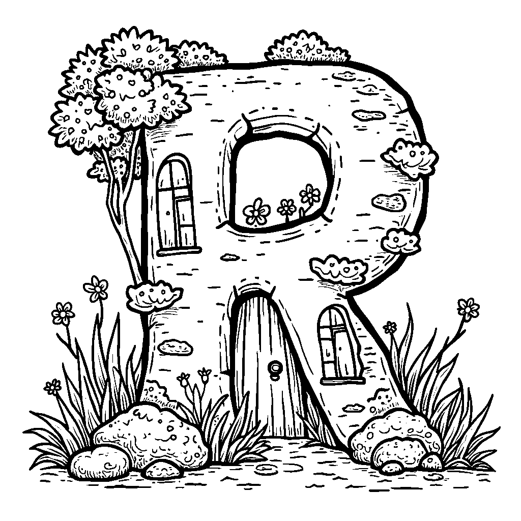 A letter R depicted as a cozy cottage in a storybook