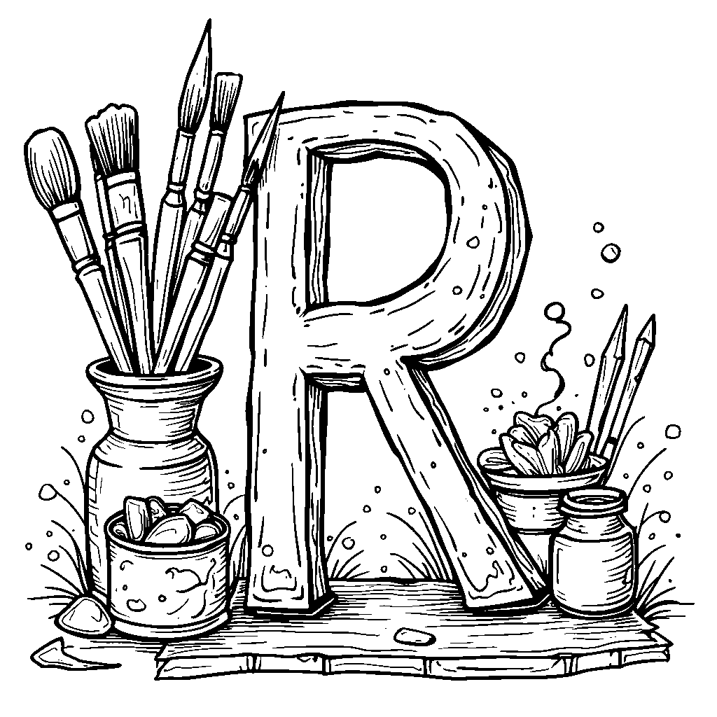 A letter R displayed with art supplies like brushes and paint