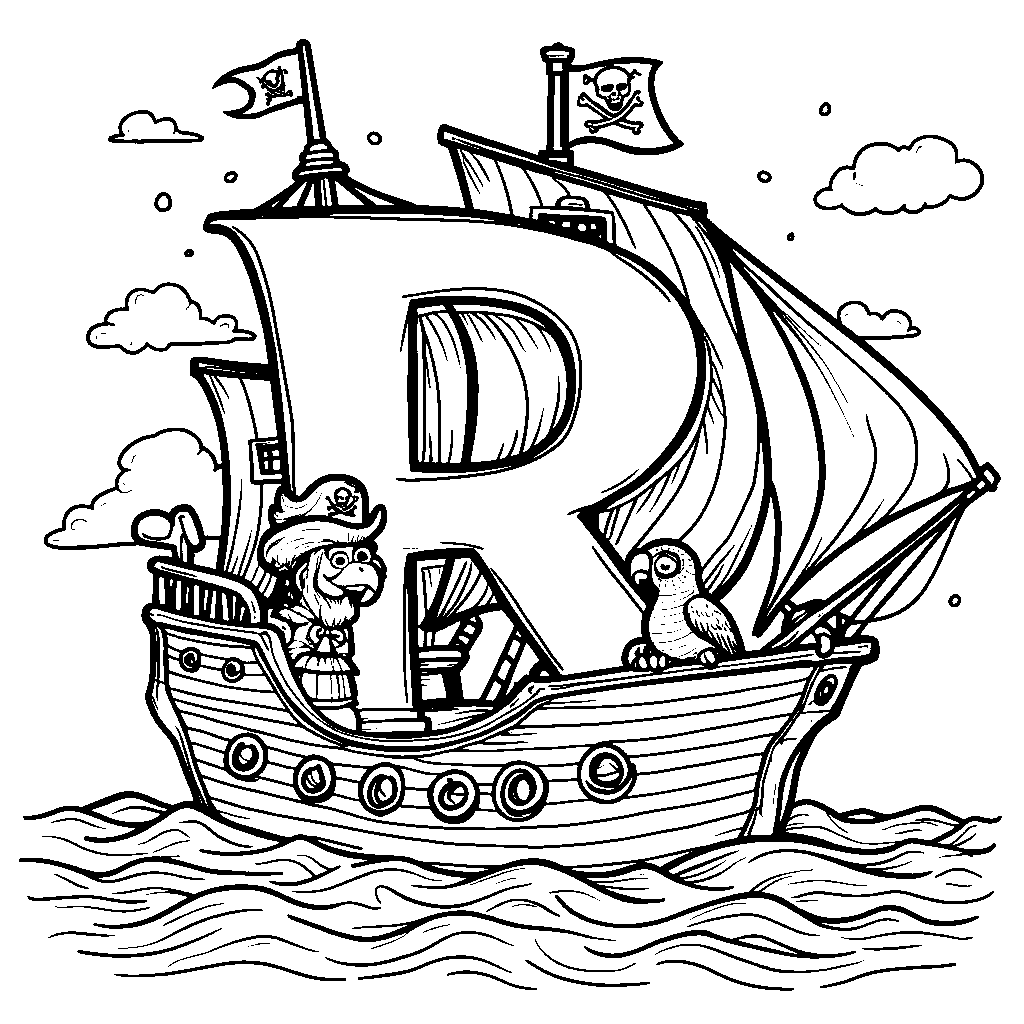 A letter R drawn as a pirate ship sailing on the sea