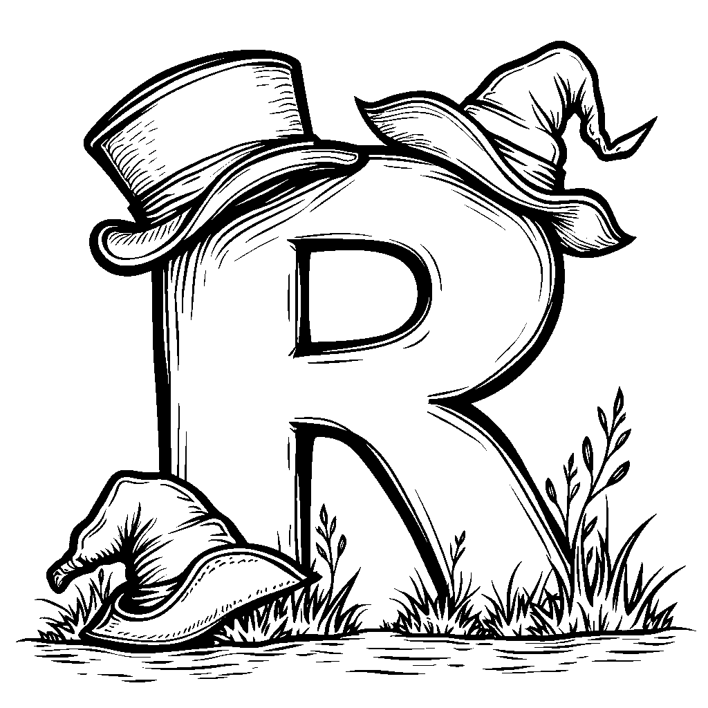 A letter R drawn with different types of hats on it