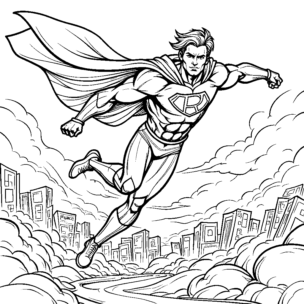 A letter R featuring a superhero flying through the sky