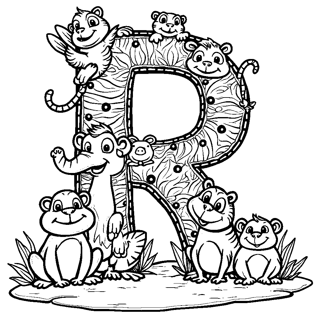 A letter R formed from a playful group of cartoon animals