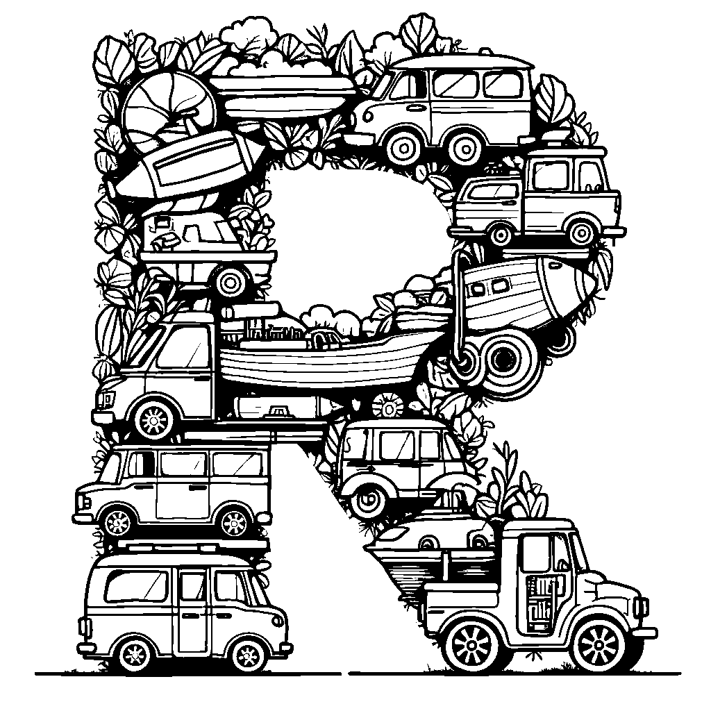 A letter R illustrated with different transportation vehicles