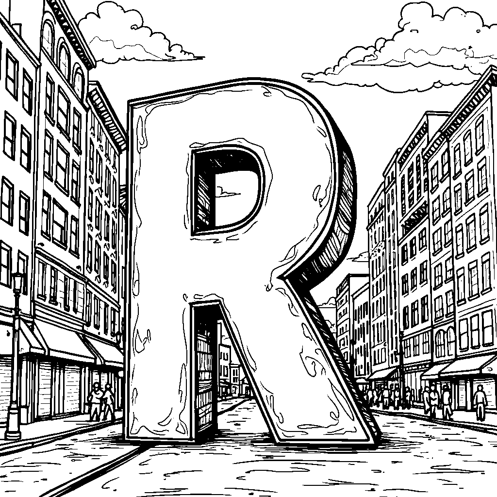 A letter R in a cityscape with skyscrapers and busy streets.