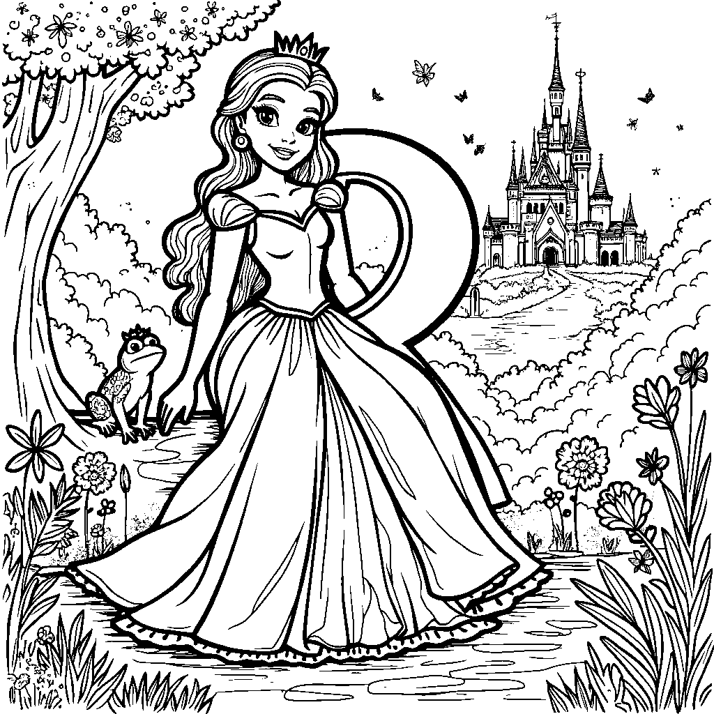 A letter R in a fairytale setting, complete with a princess and a frog