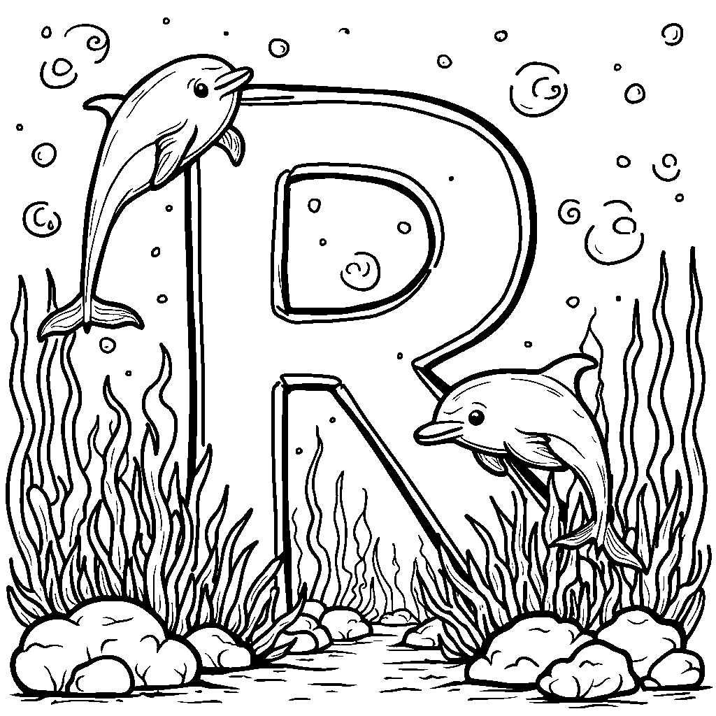 A letter R in an underwater scene with playful dolphins