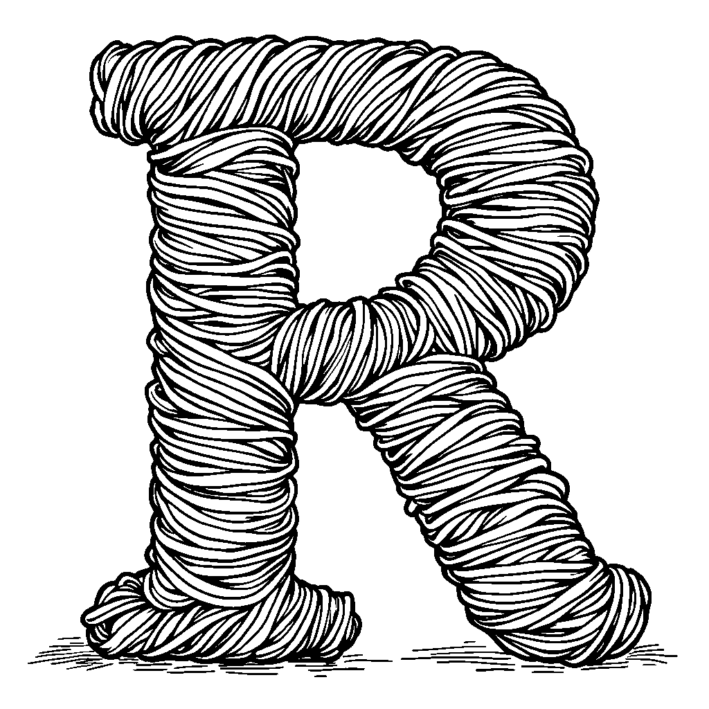 A letter R made from colorful threads or yarn