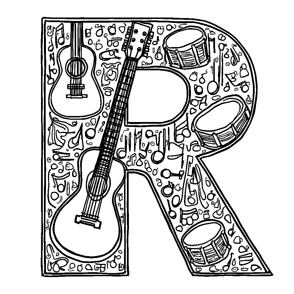 A letter R made out of musical instruments like guitars and drums.