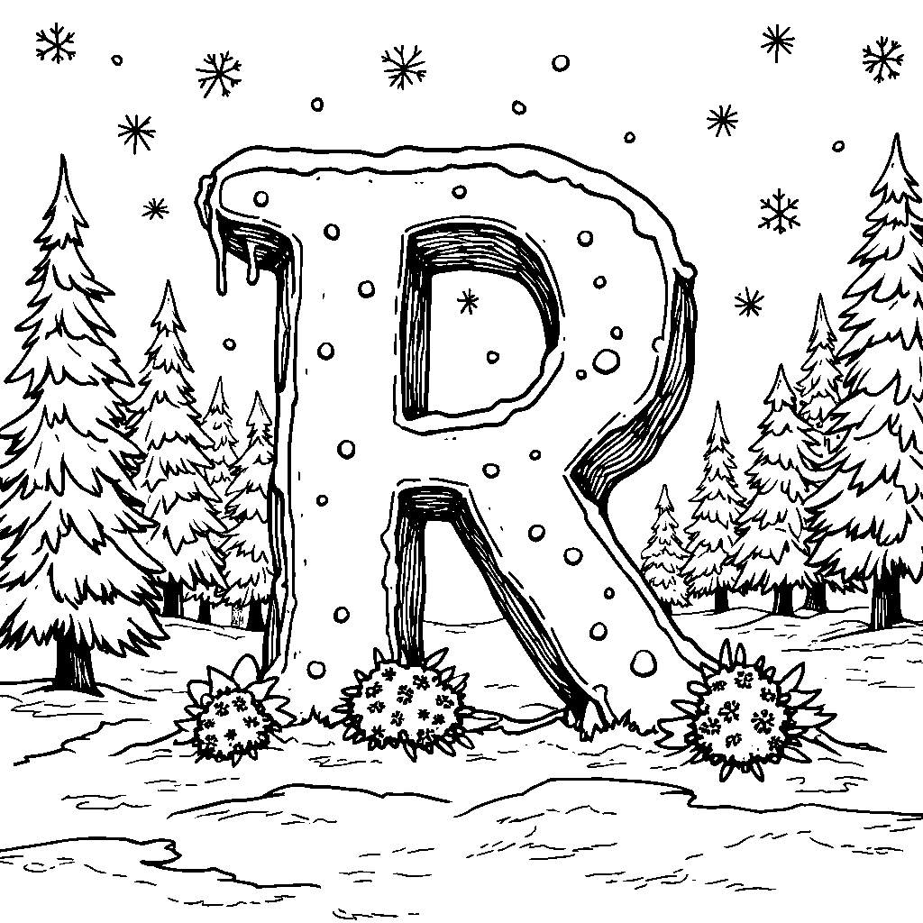 A letter R nestled in a winter wonderland with snowflakes