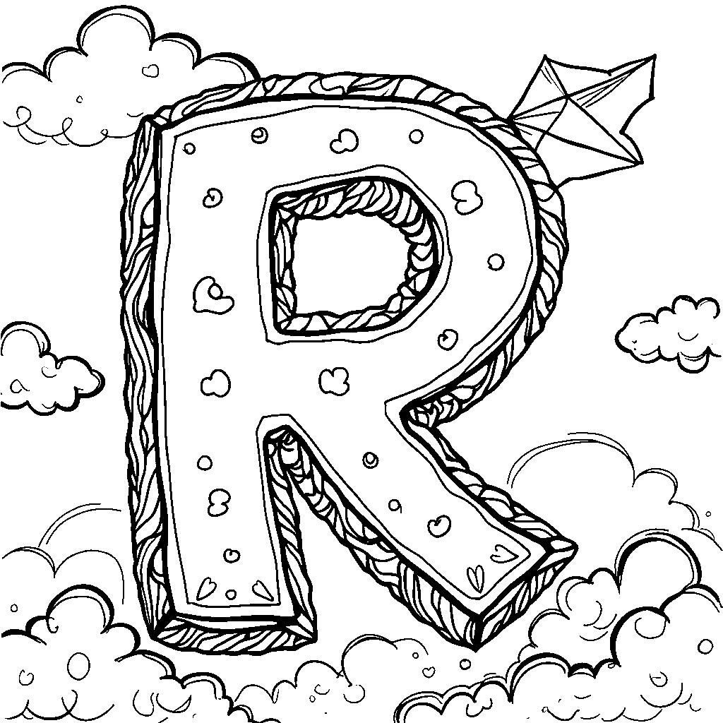 A letter R shaped like a colorful kite flying in the sky.