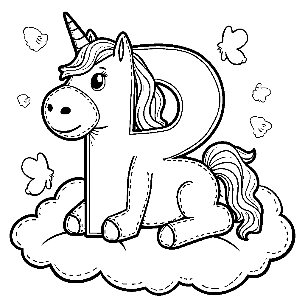 A letter R sitting on a fluffy cloud with a unicorn