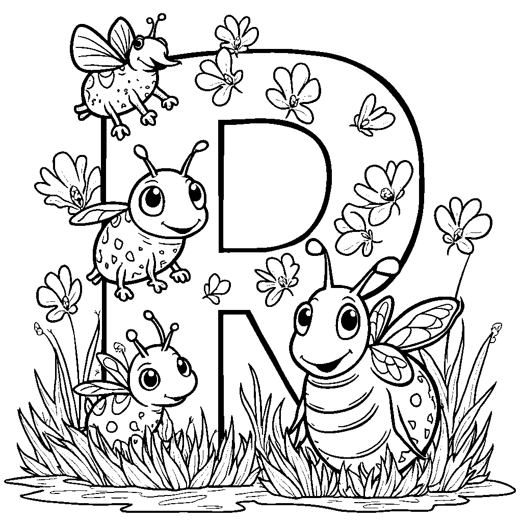 A letter R surrounded by cute cartoon bugs