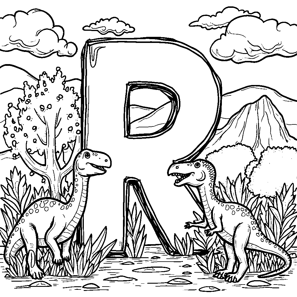 A letter R surrounded by friendly dinosaurs.